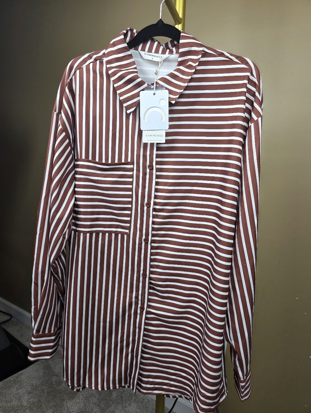 Commense Brown & White Striped Button-Down Shirt